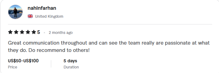 Client review: five stars, great communication throughout, team is passionate, recommended to others