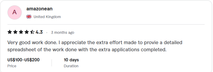 Client review: four point three stars, very good work with a detailed spreadsheet of extra applications completed