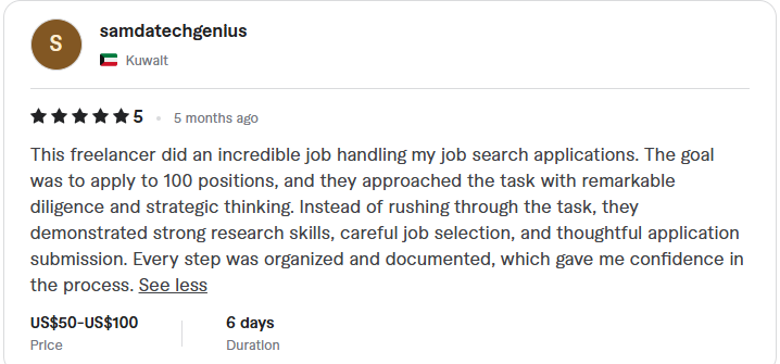 Client review: five stars, job search applications handled with diligence, strong research, and organized documentation