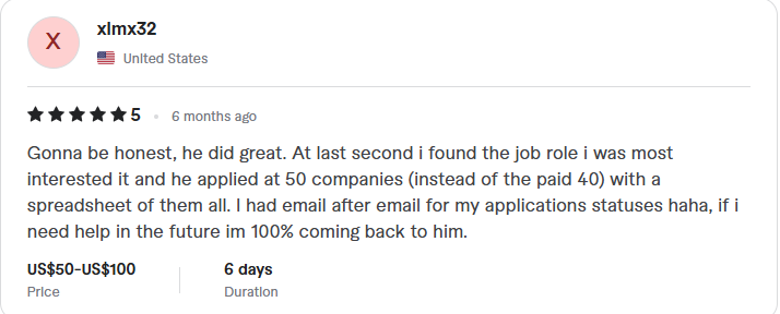 Client review: five stars, applied to 50 companies with a full spreadsheet of application statuses