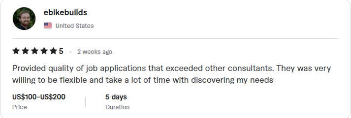 Client review: five stars, quality job applications, flexible and thorough in understanding client needs