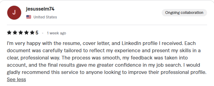 Client review: five stars, happy with the resume, cover letter, and LinkedIn profile received