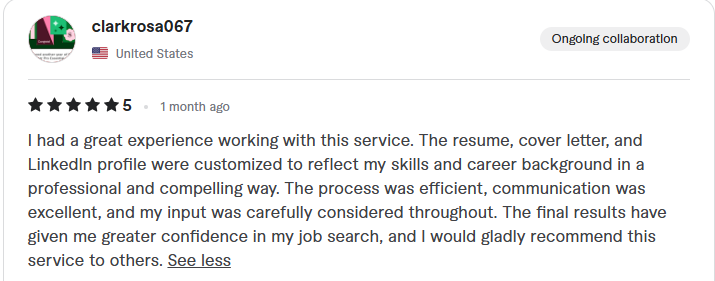 Client review: five stars, great experience, resume, cover letter, and LinkedIn profile customized well