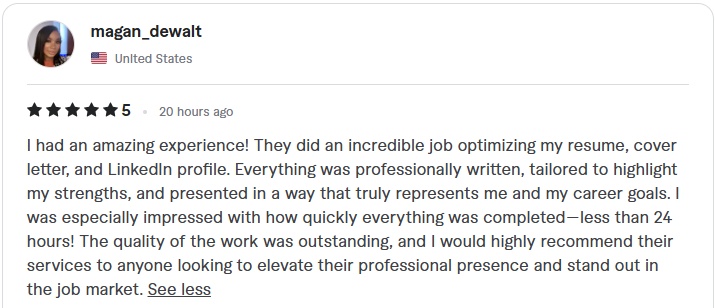 Client review: five stars, amazing experience, resume, cover letter, and LinkedIn profile optimized quickly