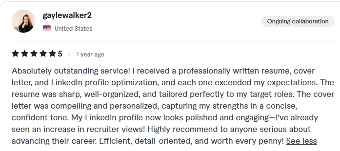 Client review: five stars, outstanding service, resume and LinkedIn optimization exceeded expectations