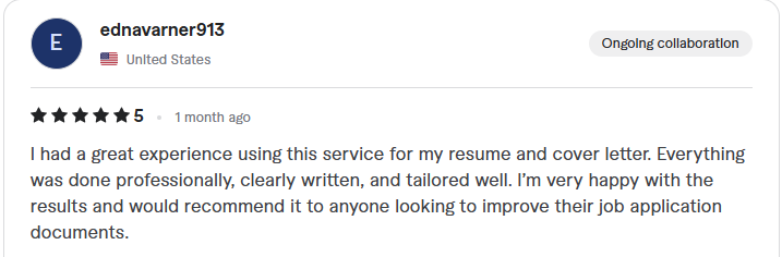 Client review: five stars, great experience for resume and cover letter, professionally written and tailored